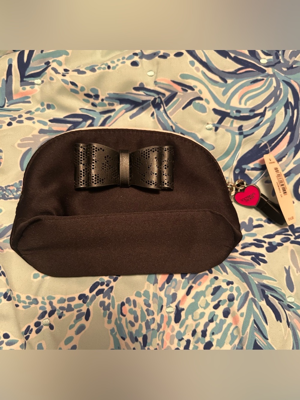 Victoria's Secret Black Solid Zip-Around Mini Cosmetic Bag Pouch Bow Zipper